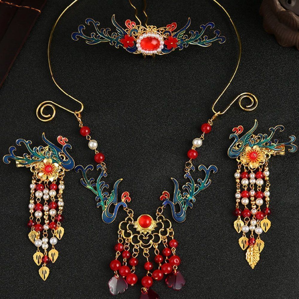 Phoenix Jewelry Set with Necklace, Hair Crown and Hair Clips #1208